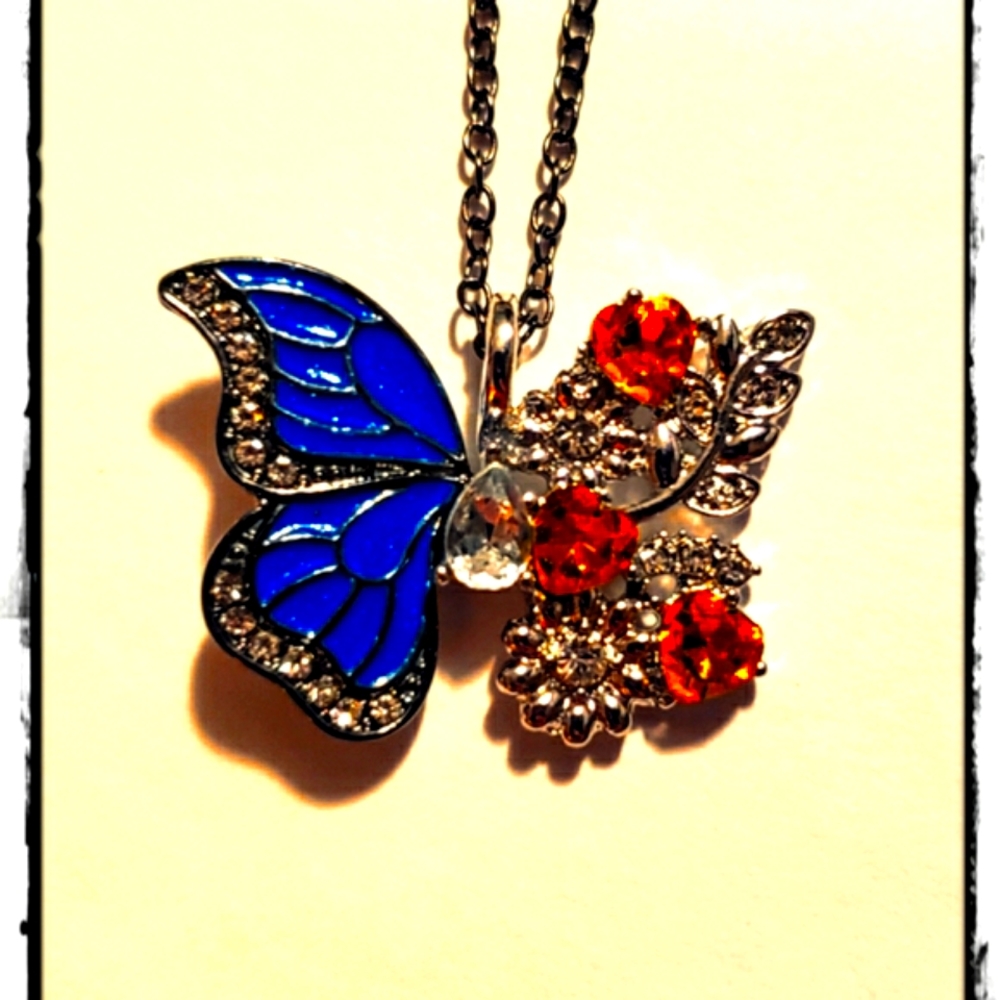 Butterfly Necklace With Yellow Heart Crystals & Flowers